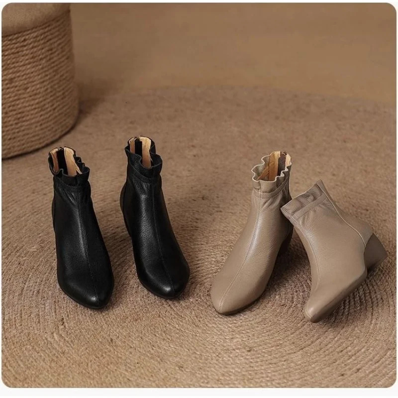 Autumn Winter Womens Soft Leather Ankle Boots Block Low Heel Slip On Side Zipper Comfortable Peep Toe Booties 251121