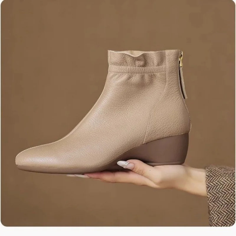 Autumn Winter Womens Soft Leather Ankle Boots Block Low Heel Slip On Side Zipper Comfortable Peep Toe Booties 251121