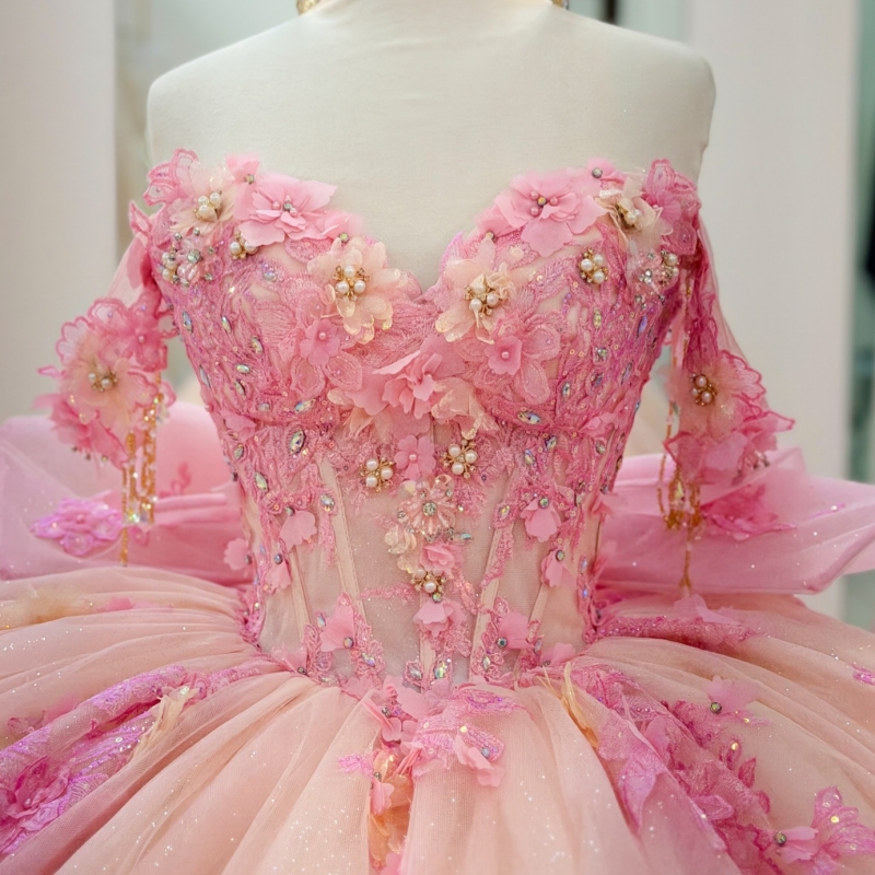 Champagne Shiny Quinceanera Dresses Off The Shoulder Pink Applique Flower BeadsTull Corset Party Birthday Sweet 16 Dres Vestidos 15 Anos