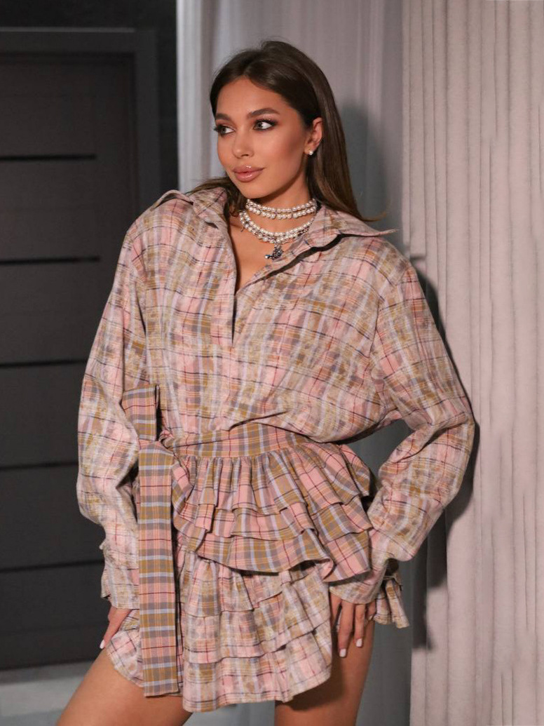 American ins style gradient plaid suit, short skirt with high-end feel, polo collar clothes, cake skirt, two-piece set for women