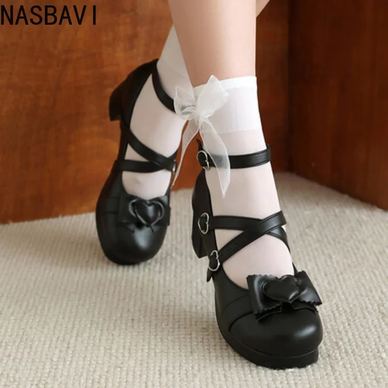 NASBAVI Sweet Cross Buckles Lolita Pumps for Ladies Block High Heels Platform Wedding Party Mary Janes Shoes Women Pink Red 251121