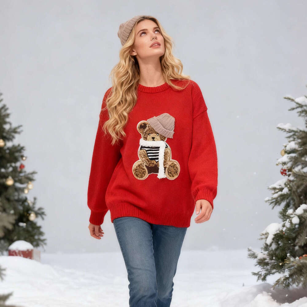 Christmas New Color-Block Cartoon Knitted Pullover Round Neck Casual Chic Women's Sweater - view 5
