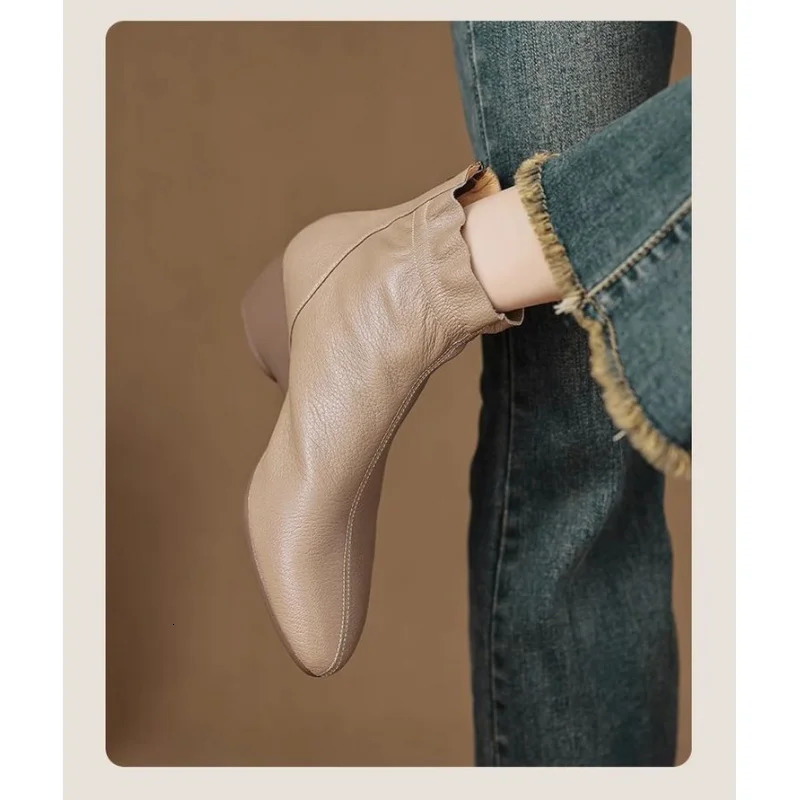 Autumn Winter Womens Soft Leather Ankle Boots Block Low Heel Slip On Side Zipper Comfortable Peep Toe Booties 251121