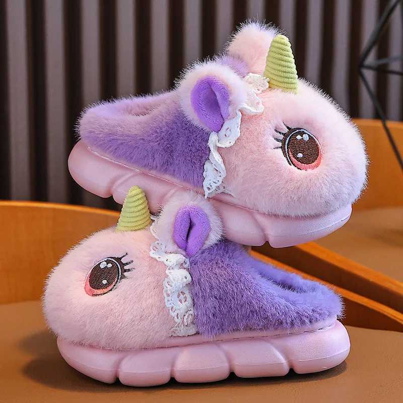 Winter Girls Slippers Cute cartoon Fluffy CHIldren Slippers Plush Warm Soft Sole Kids Indoor Cotton ShoesW251121