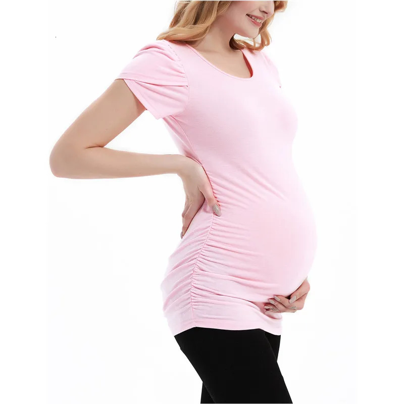 Pregnant womens T-shirt with summer short petal sleeves pleated hem pregnant womens clothing womens tuning top casual basic T-shirt 250421