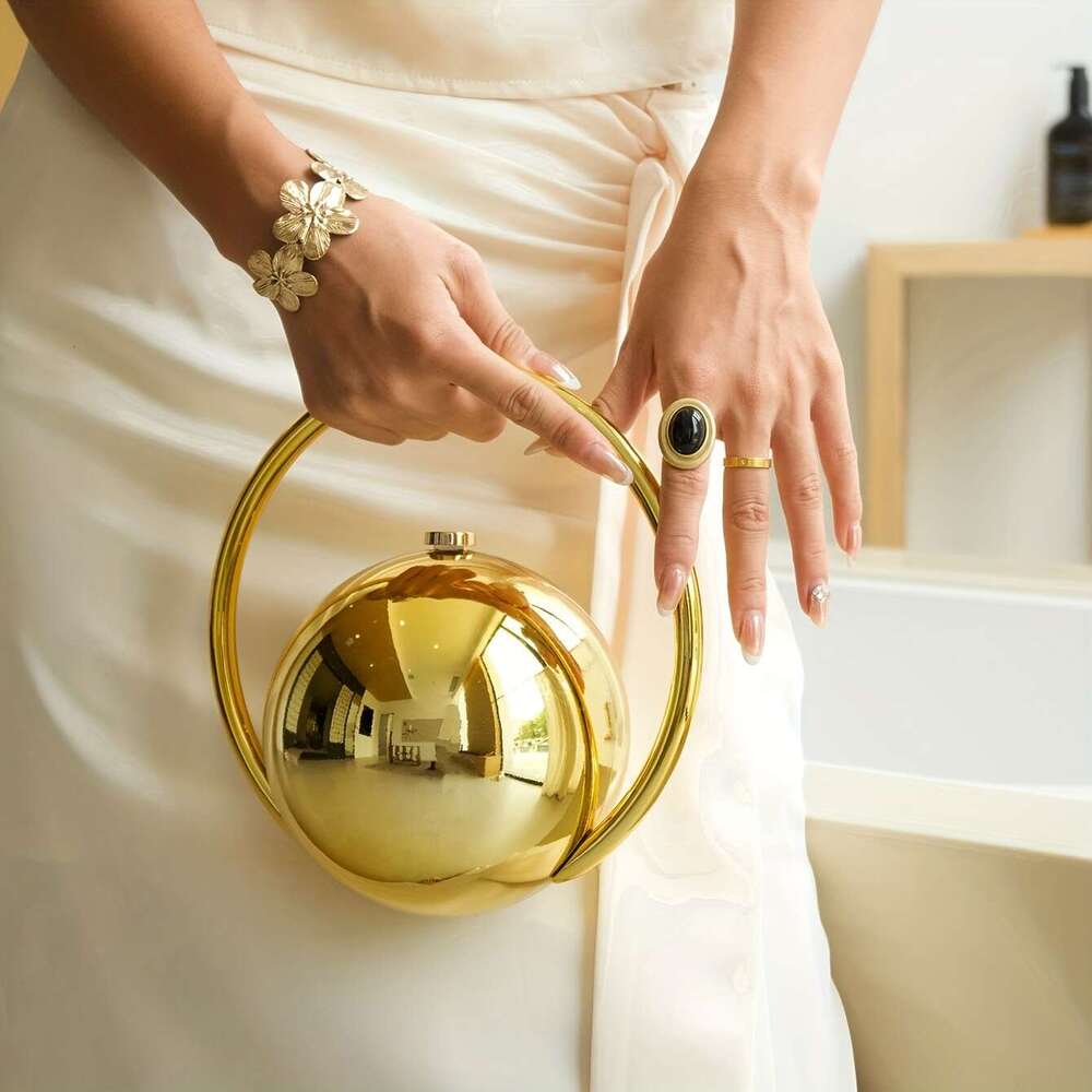Women S Luxury Handheld Bag Elegant Golden Tone Spherical Clutch With Sparkling Accent Durable Acrylic Construction Buckle Closure Formal Party Purse 