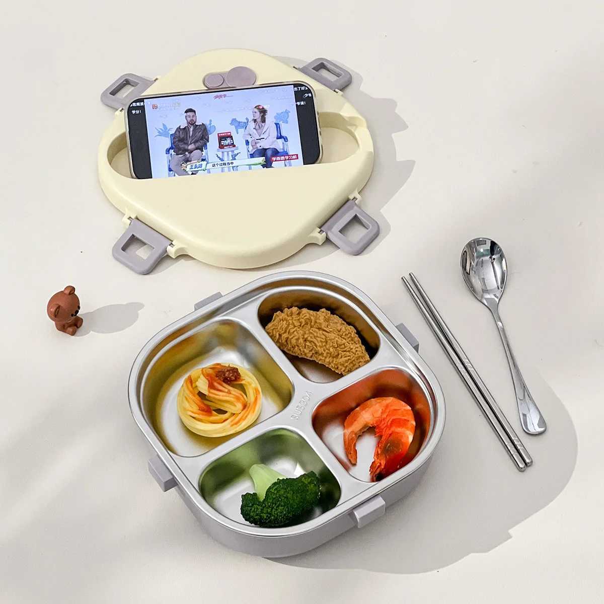 WORTHBUY 3/4 Compartments 304 Stainless Steel Square Lunch Box For Kids Portable Large Capacity Sealed Bneto Box With CutleryM251121