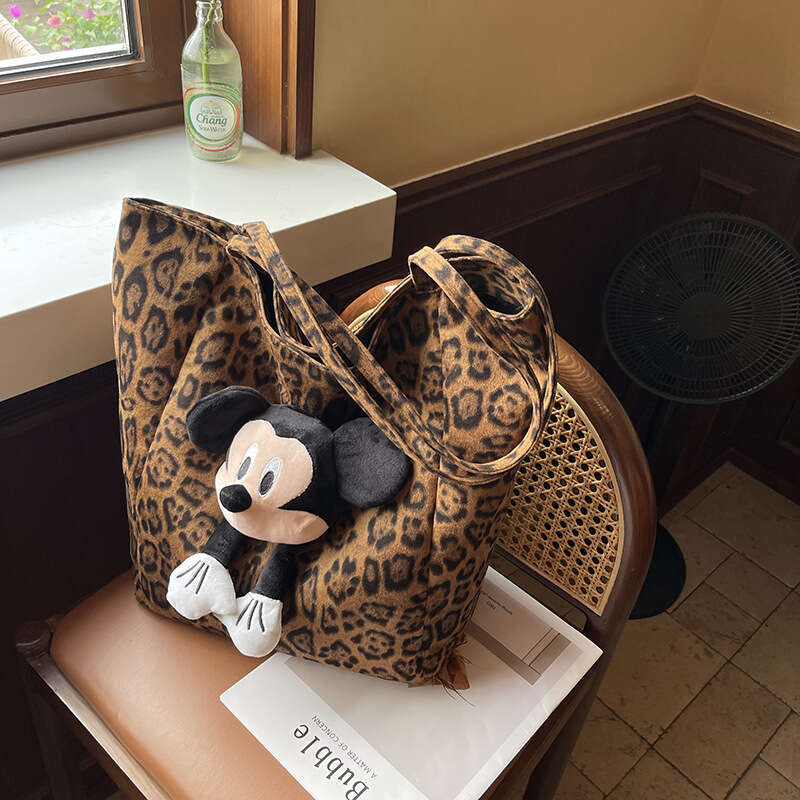 Canvas Bag Large Capacity Shopping Bag Korean Niche Leopard Print Velvet Stylish Plush Toy Shopping Handheld New Large Capacity Lazy Should