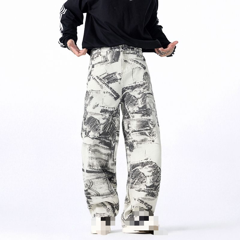2025 Autumn/Winter new digital heavyweight American unique print fashionable super soft fabric wide-leg jeans for men---C206