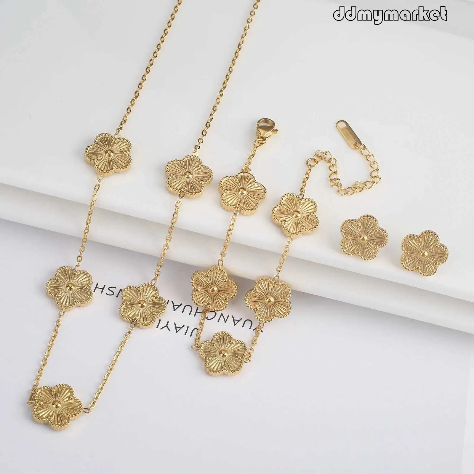 ddmymarket Simple 316L Stainless Steel Flower Five flash sale Leaf Necklace Bracelet Earrings 18K Gold Plated Jewelry Set For Women Girl Gift CloverXJ
