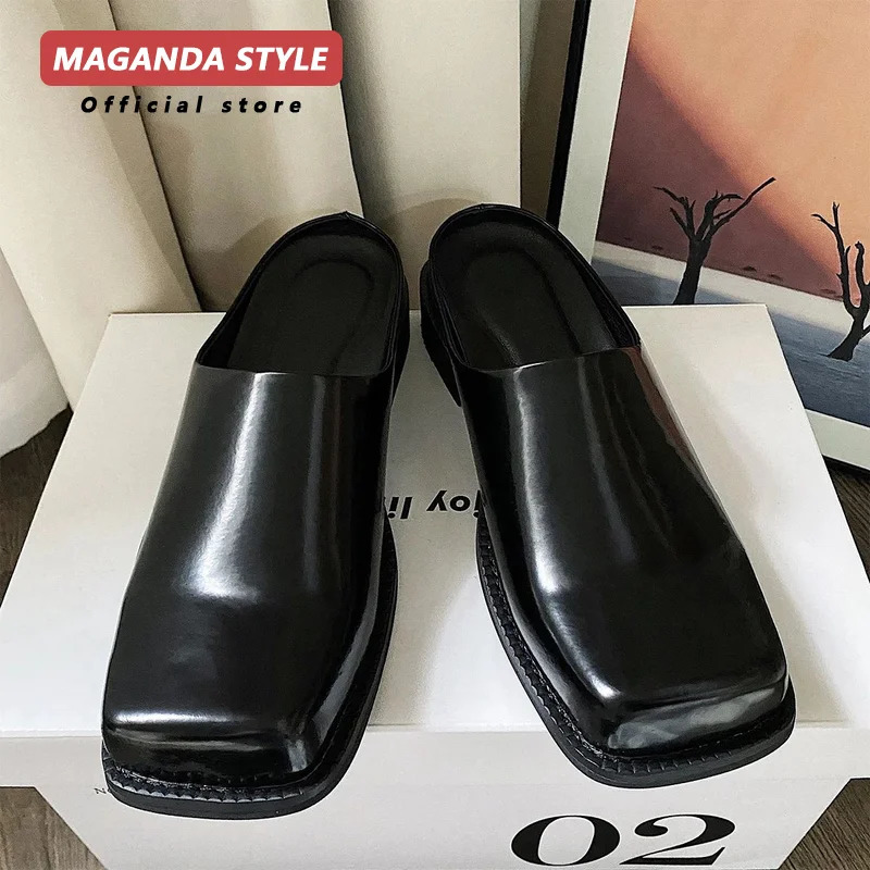 Original n leather slippers for mens summer outdoor wear flat bottomed breathable casual straight drag black Muller shoes 251121