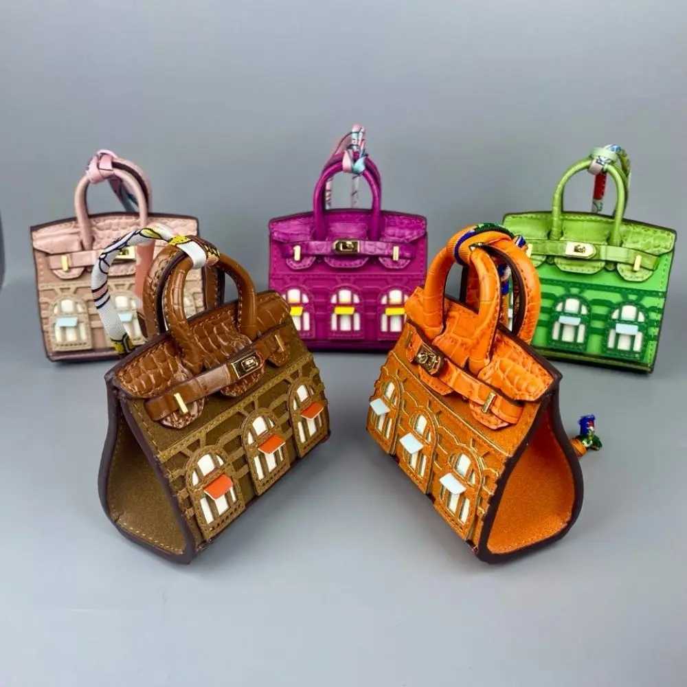 House-shaped Earphone Case Bag Charm Keychain - 3D Window Design Premium Croc-Embossed Yangba Suede Fuzzy Leather Mini Bag Z251120