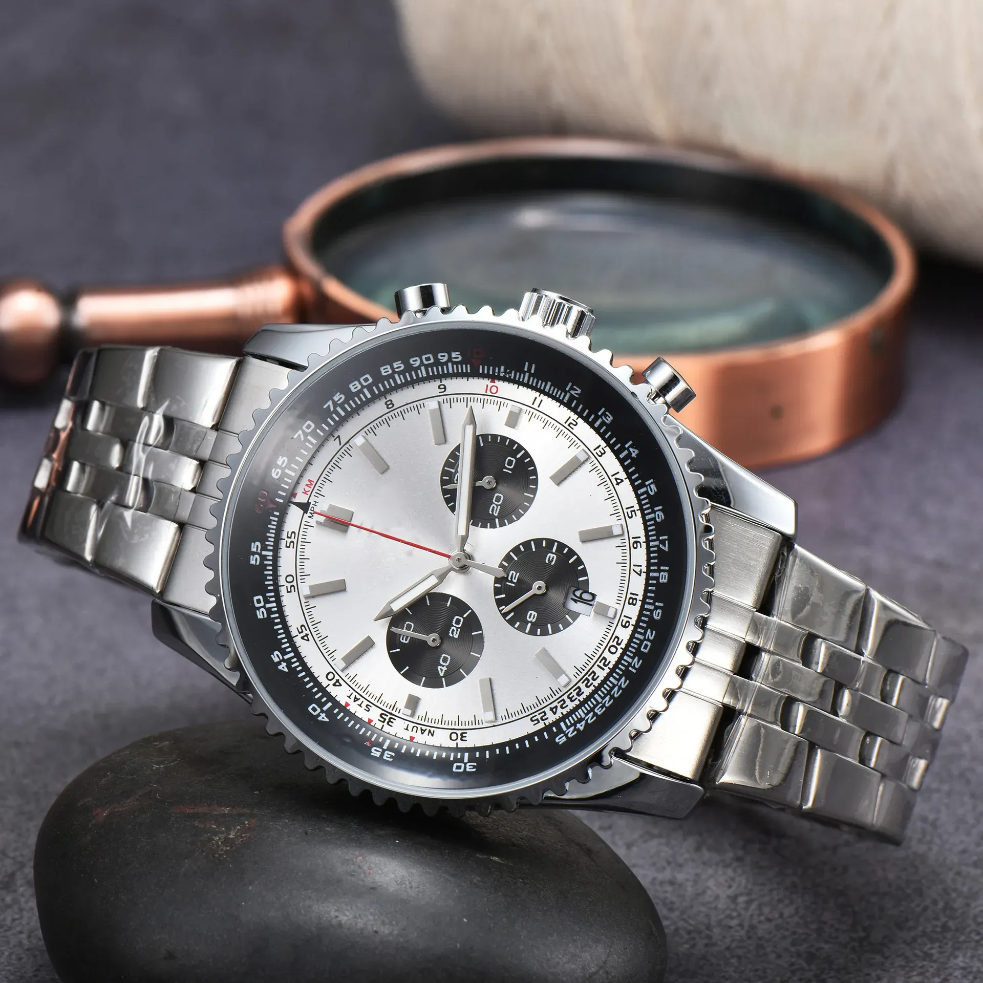 44mm Fashion New Luxury Top Brand Men Watch Luxury Business Quartz Watches Stainless Stain Strap Sport Chronograph Men's Wristwatches