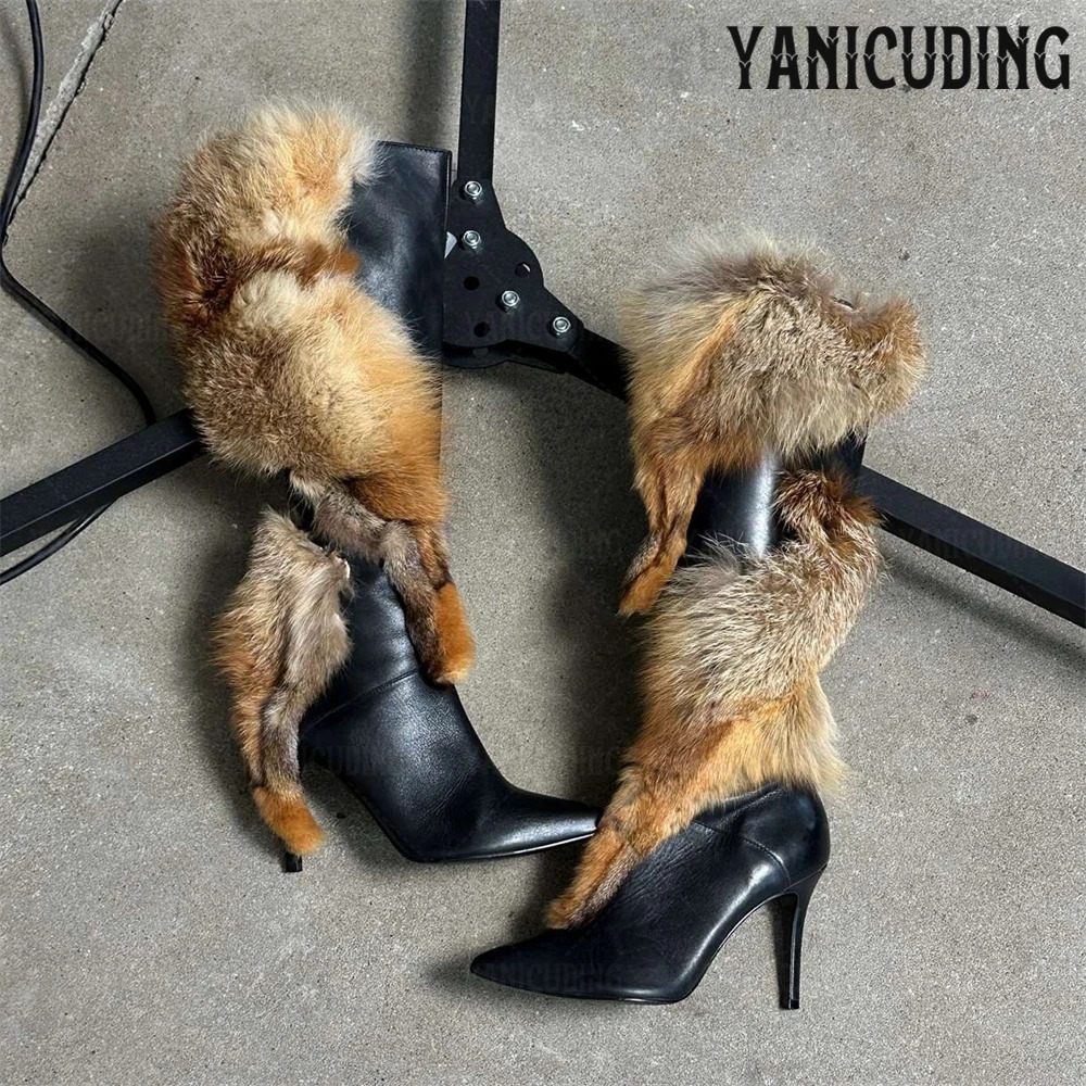 Patchwork Leather Fur Boots y Style Stiletto Knee High ner Handmade Zipper Customized Womens 251121