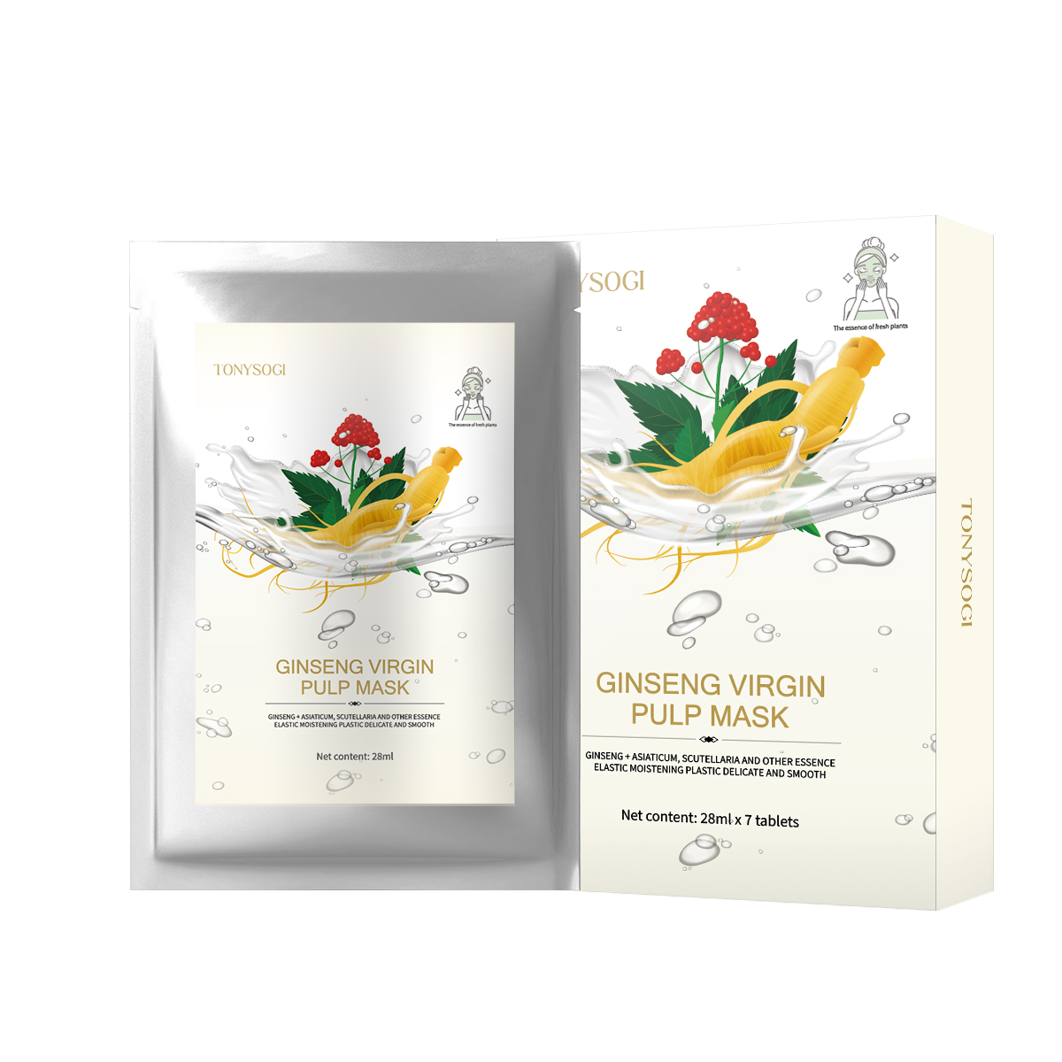 Tonysogi Ginseng Virgin Pulp Mask Anti-Aging, Extraits de plantes naturelles, hydratation, traitement facial riche en antioxydant