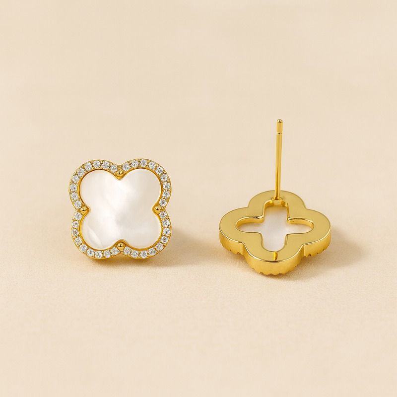 Clover Shaped Mother of Pearl Stud with Zirconia Accents S925 Silver Hypoallergenic Earrings for Daily Outfit and Valentine Day H260202