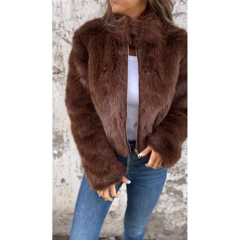 Fashion European Women's and Amazon American CrossBorder New Autumn Winter Faux Fur High Collar Zipper Short Casual Jacket Coat