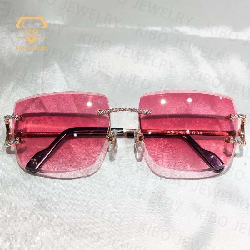 Hip Hop Jewelry Sunglasses Pink Lens Yellow Gold Plated Iced Out Men VVS Moissanite Glasses