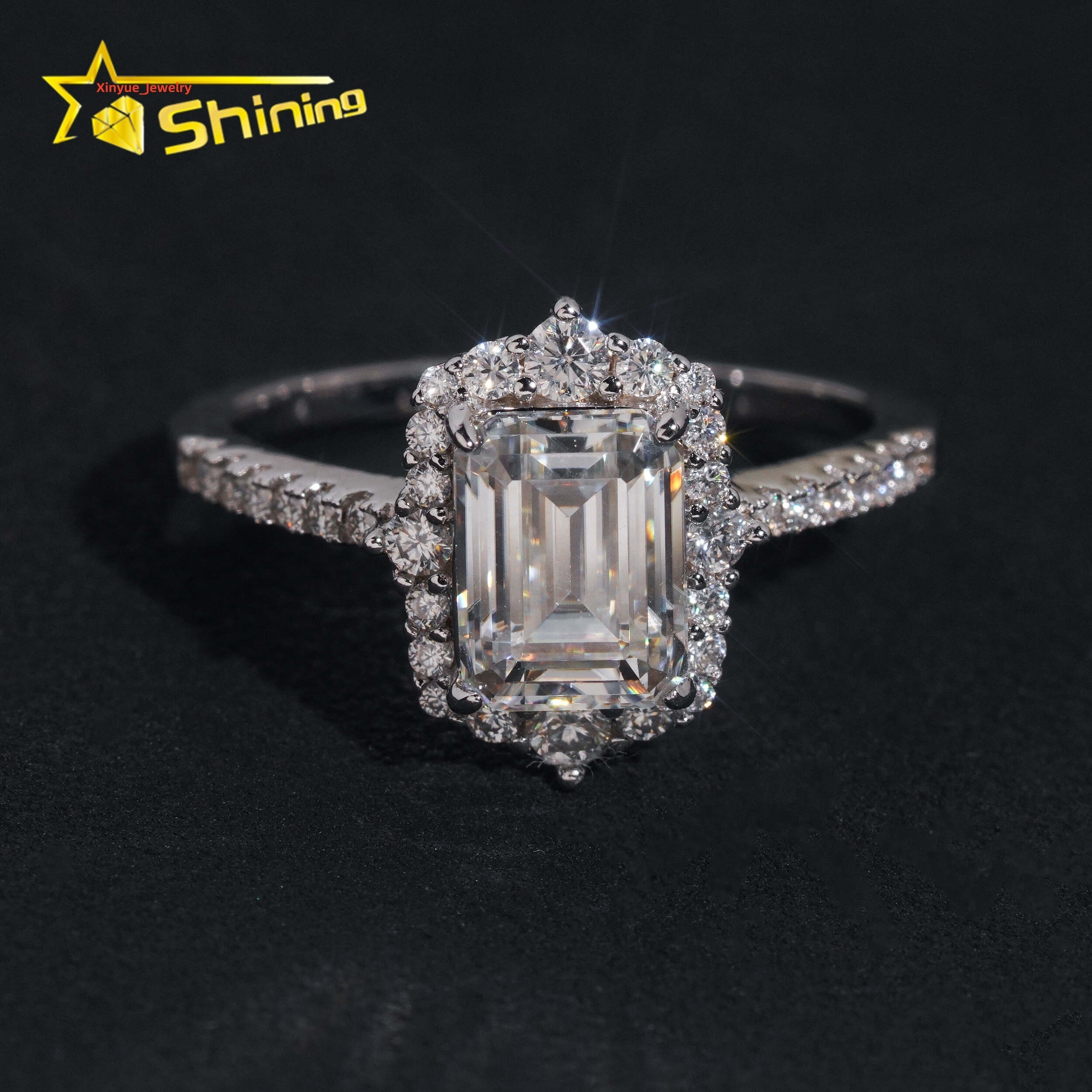 Bling Jewelry 925 Sterling Silver Women Elegant Emerald Cut 2ct Engagement Moissanite Wedding Ring