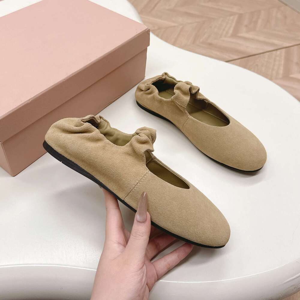 Women Genuine Leather Ballet Flats Mary Janes Natural Cow Suede Round Toes Elastic Band Designer Shoes atillas De Mujer