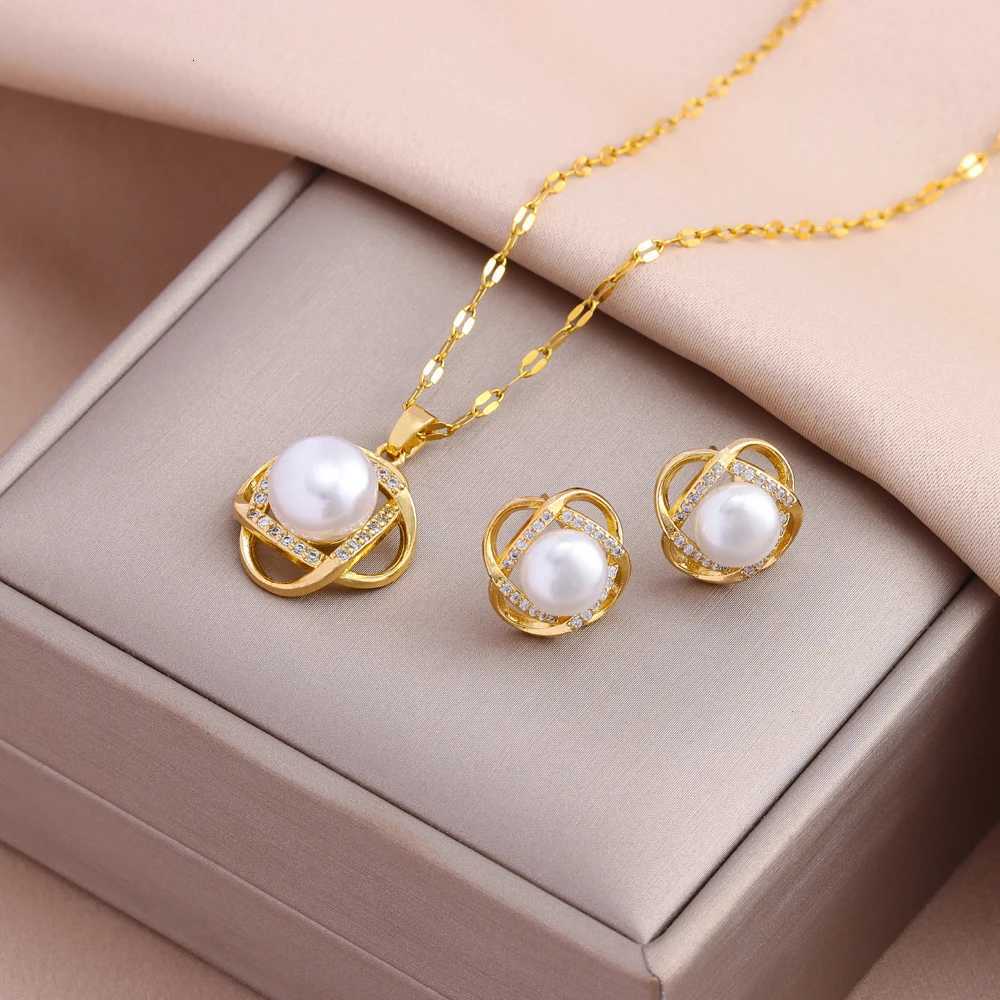 New Vintage Pearl Pendant Necklaces Earrings For Women Female Daily Wear Stainless Steel Jewelry Set Girls Party Gift WholesaleXJ251121