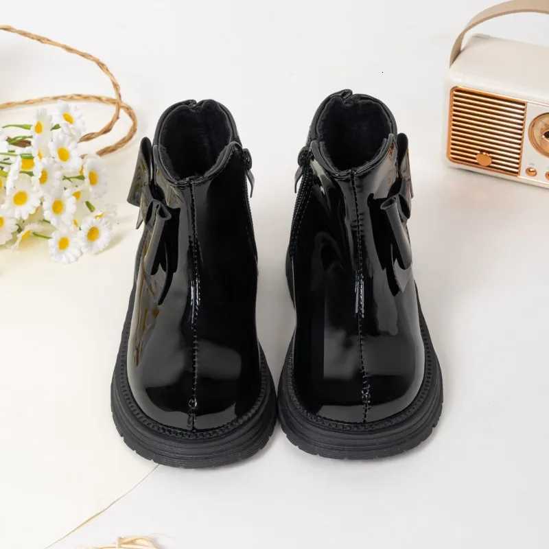 Winter Girls New Cotton Boots Sweet Bowknot Kids Platform Ankle Boots Glossy PU Fashion Childrens Causal Boots Warm VersatileW251121