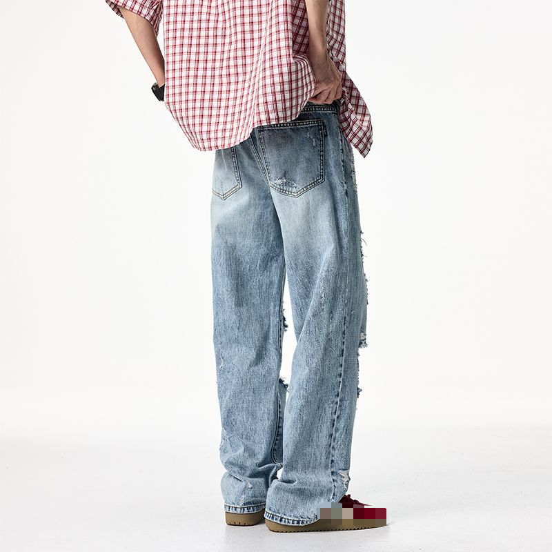 Street beggar pants, straight-leg style, monkey cat whiskers, hand-sewn with sand and washed with water---NB0081