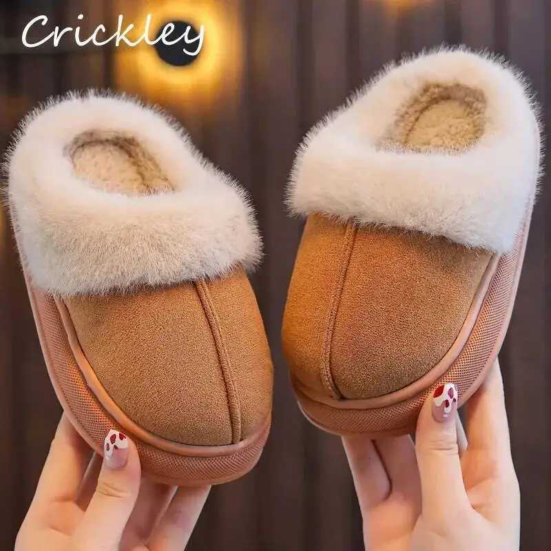 Solid PU Leather Boys Girls Slippers Winter Plush Warm Furry Children Slippers Casual Soft Bottom Floor Kids Home ShoesW251121