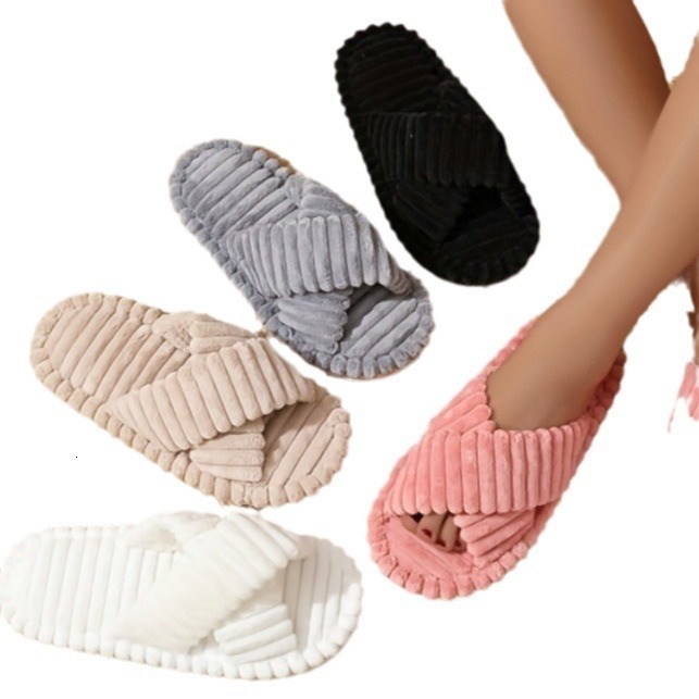Cross opening open toed couples four season slippers corduroy cross opening slippers 241025
