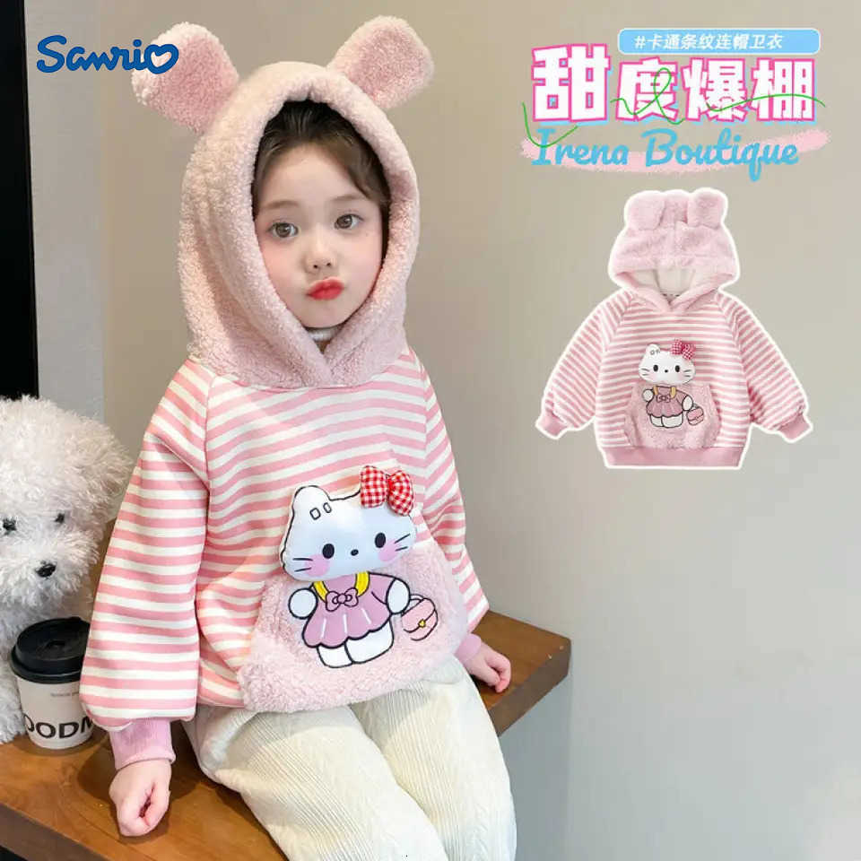 Sanrio Hello Kitty Girls Autumn and Winter Sweatshirt New Striped Cat Fleece Top Fashionable and Sweet Cartoon Hooded Sweatshirt H251121
