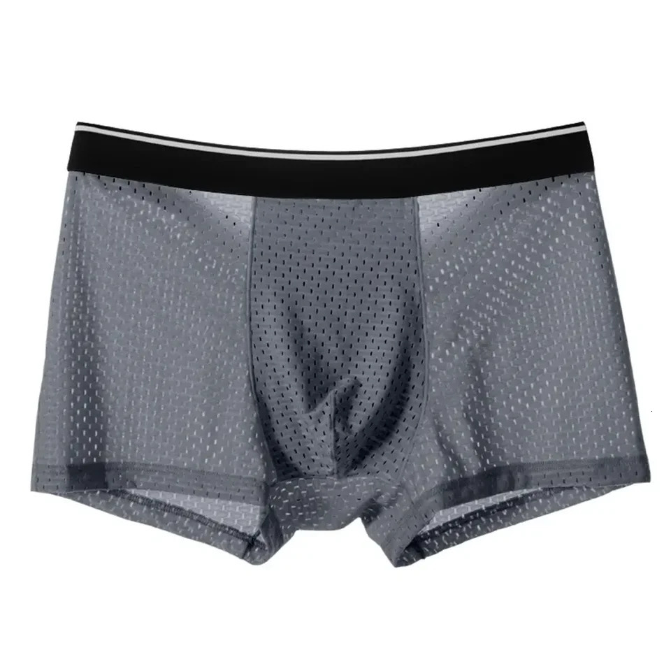 Sexy silk mens underwear mesh pattern breathable hole shorts and bag satin brief 250417