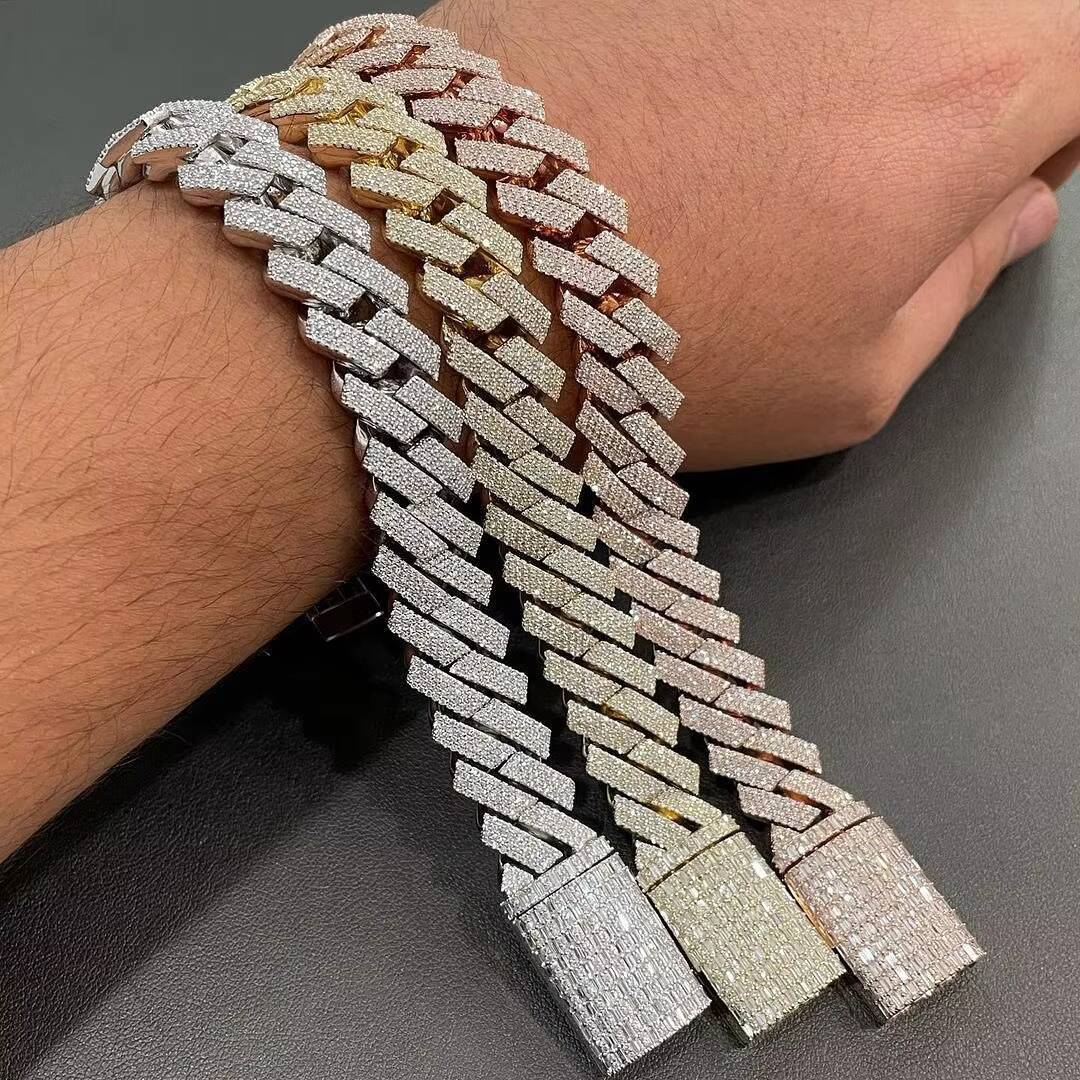 Hip Hop Rapper Jewelry 18mm Cuban Link VS Moissanites 4Rows Emerald Cut Moissanite Cuban Chain Link Bracelet