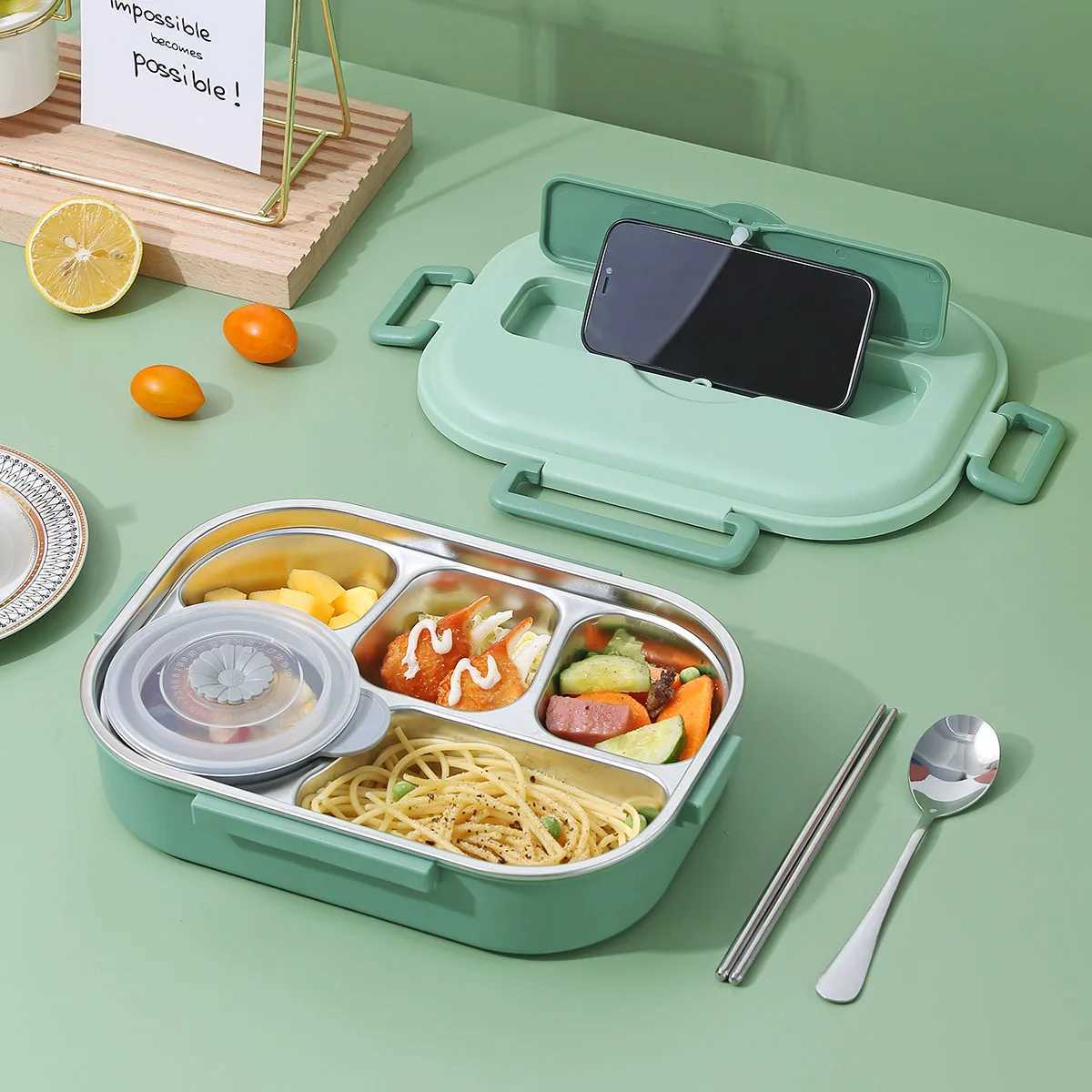 WORTHBUY Microwave 304 Stainless Steel Bento Lunch Box Set With 4/5 Compartment Large Capacity Sealed Student Lunch ContainerM251121