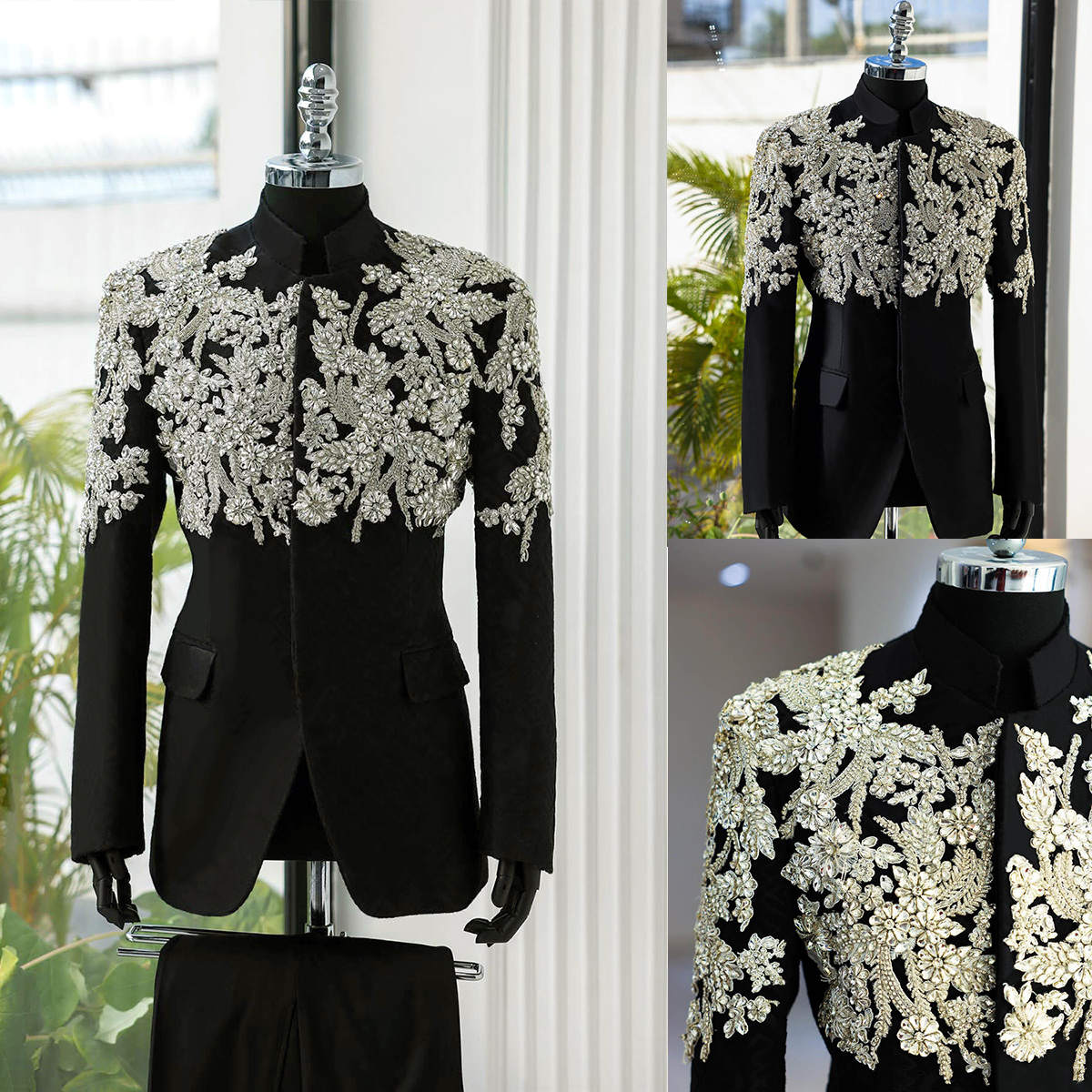 Luxury Men's Wedding Tuxedos 2 Piece Single Breasted Rhinestone Vintage Blazer Groom Prom Party Birthday Customize Suits Pant+Coats