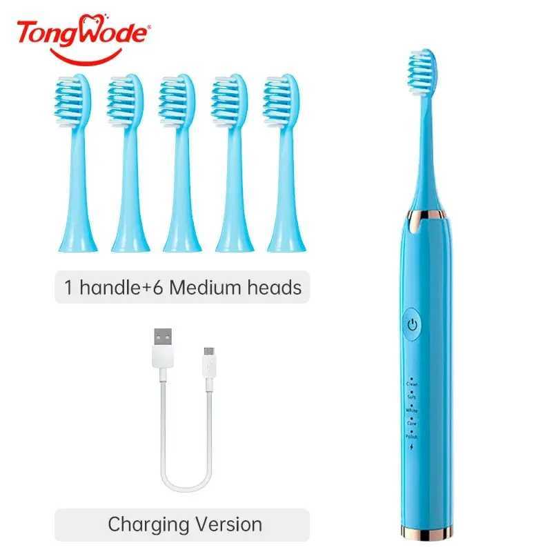 Tongwode Electric Sonic Toothbrush USB Rechargeable Waterproof Electronic Ultrasonic Whitening Tooth Brushes Replacement Heads C251121