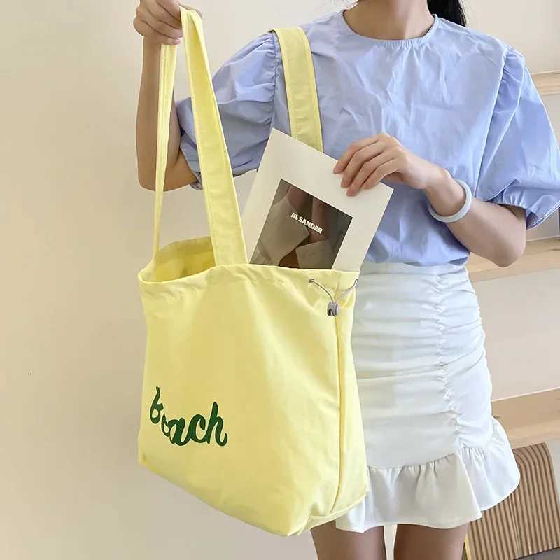 Solid Colour Womens Beach Shoulder Bag Letter Design Ladies Tote Canvas Bags Large Capacity Drawstring Female Shopping HandbagT251121