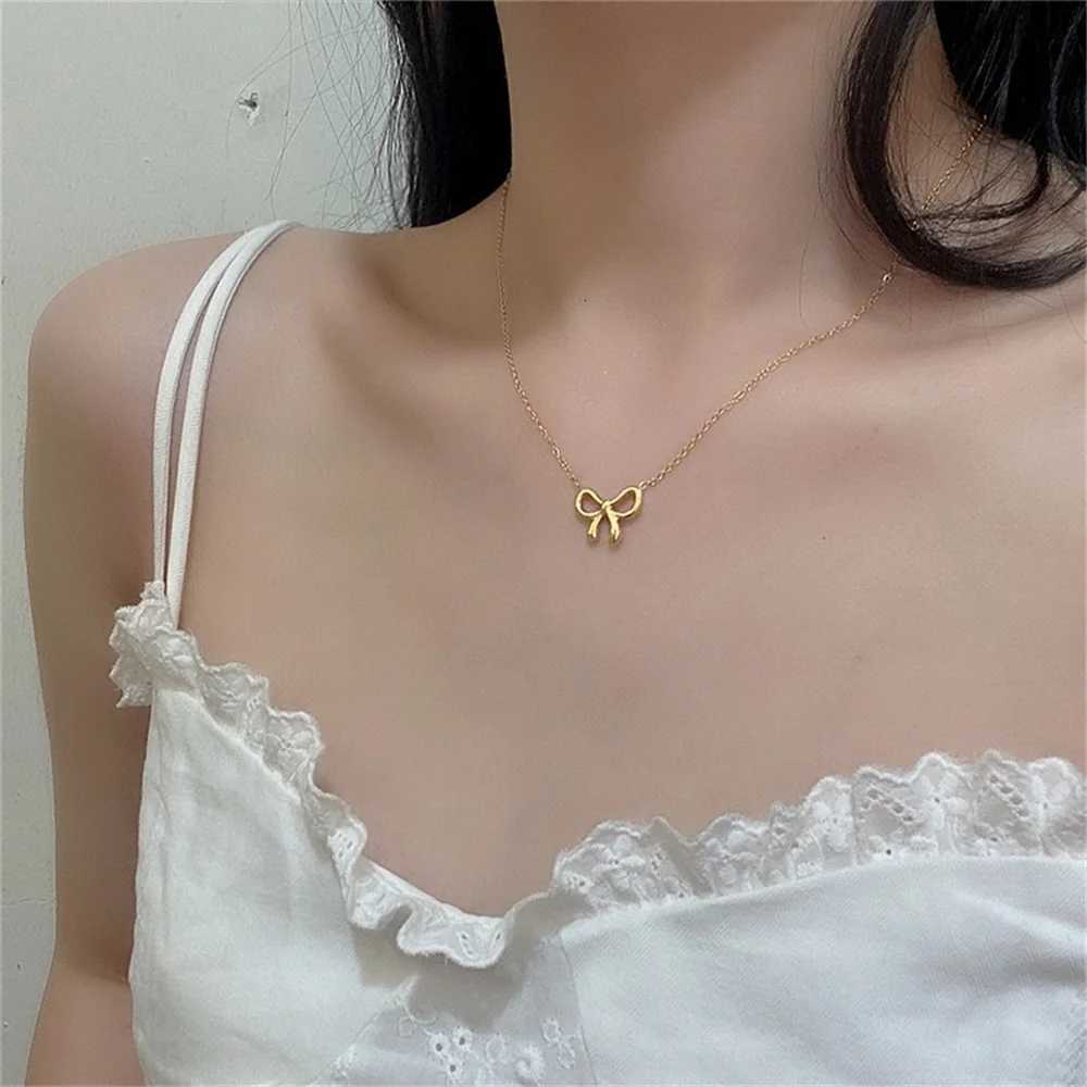 New Punk Tiny Bowknot Pendant For Women Gold Color Stainless Steel Choker Chain Necklace Female Jewelry Christmas GiftXJ251121