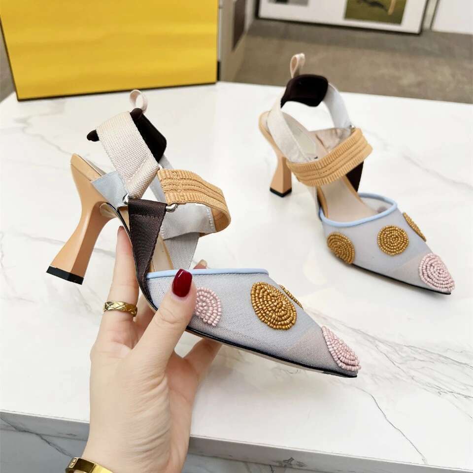 Women Size35-42 Genuine Leather Pumps Super High Heels Mesh String Beads Sandals Pointed Toes Shoes atillas De Mujer