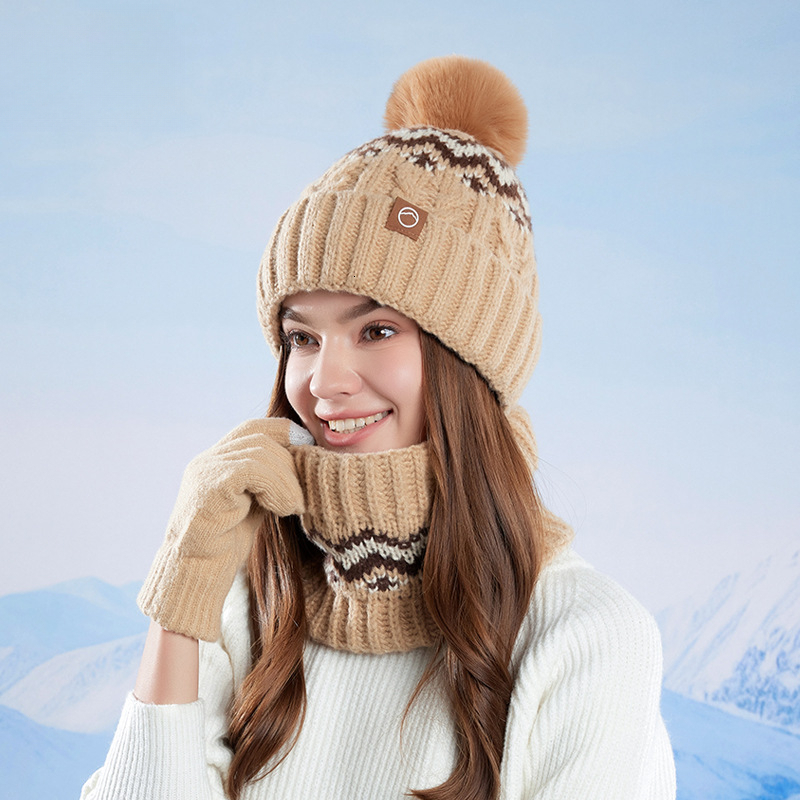 Winter Hat designer Scarf Gloves Three-Piece Set Outdoor Cold-Proof Warm Pullover Hat Fleece-Lined Ear Protection Knitted Wool Hat for Women free ship