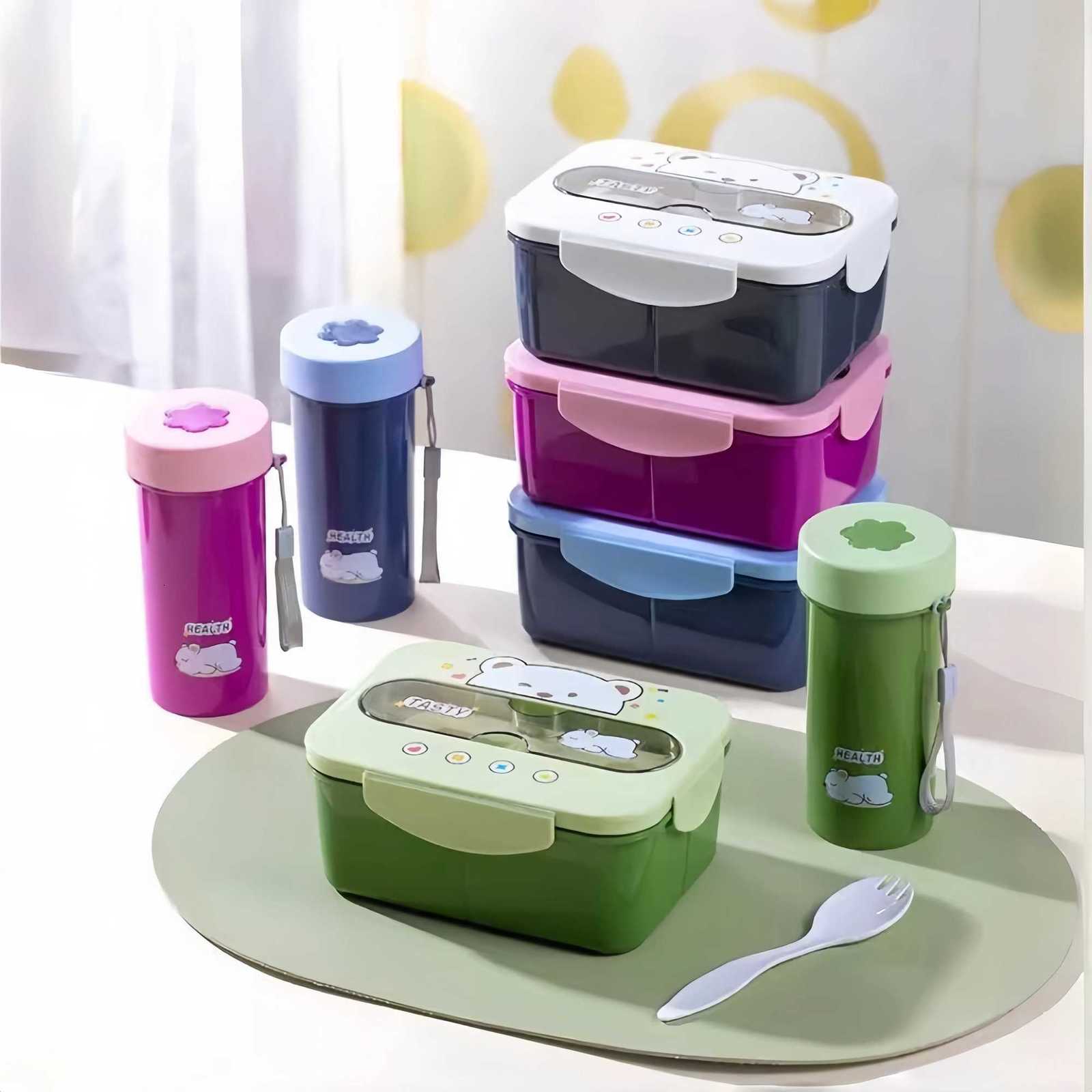1200ML Cartoon Lunch Box Mug Set Portable Plastic Bento Box with Fork Kids Lunch Box With Water Cup Food Storage ContainerM251121