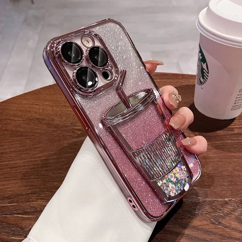 Flowing Sand 3D Drink Cup Phone Case | Sparkling Glitter Design | Shockproof & Stylish | For iPhone 16/15/14 Pro Max, Samsung S24 Ultra/S23/S22 2025