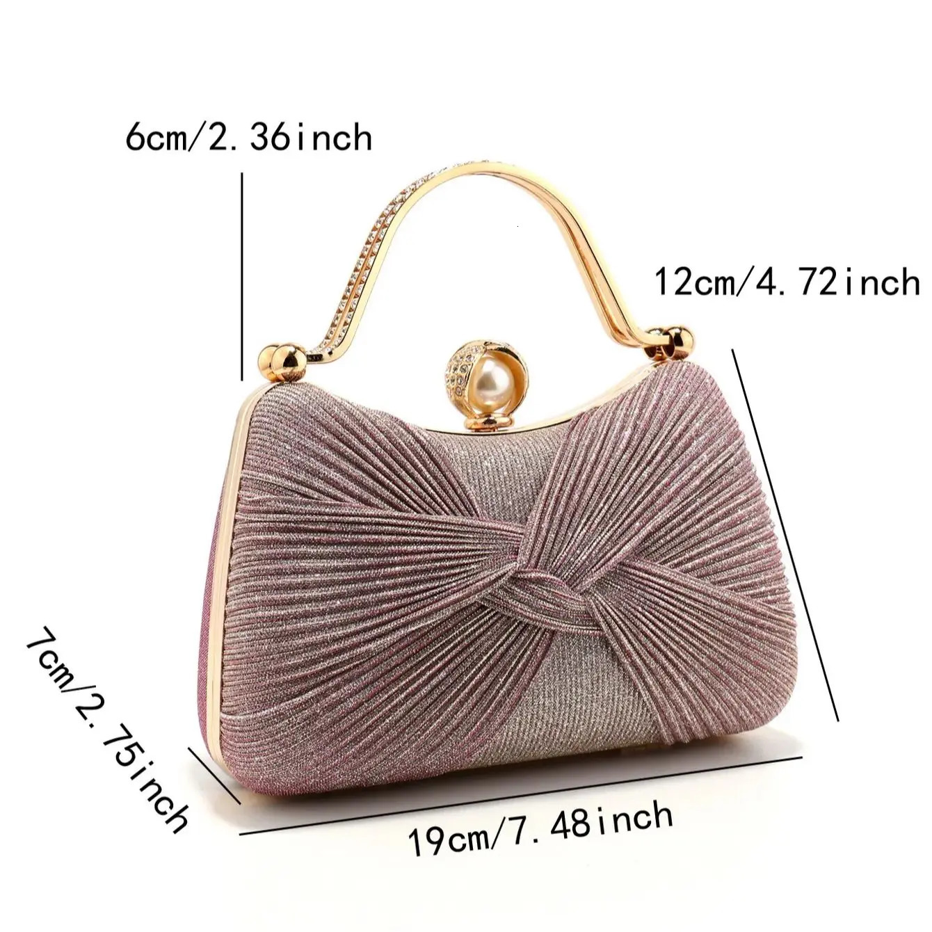 Bow n Ruched Fashion Women Evening Bags Pink Color Sequined Glitter Metal Pearl Handbags Banquet Lady Wedding Bridal Purse 251121
