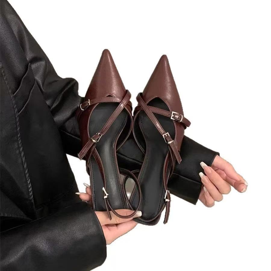 High Heeled Shoes For Women In Spring And Summer 2025 New Retro Style With Pointed Toes, Thin Heels, Belt Buckle Toe Closure Single Shoes With Skirts 