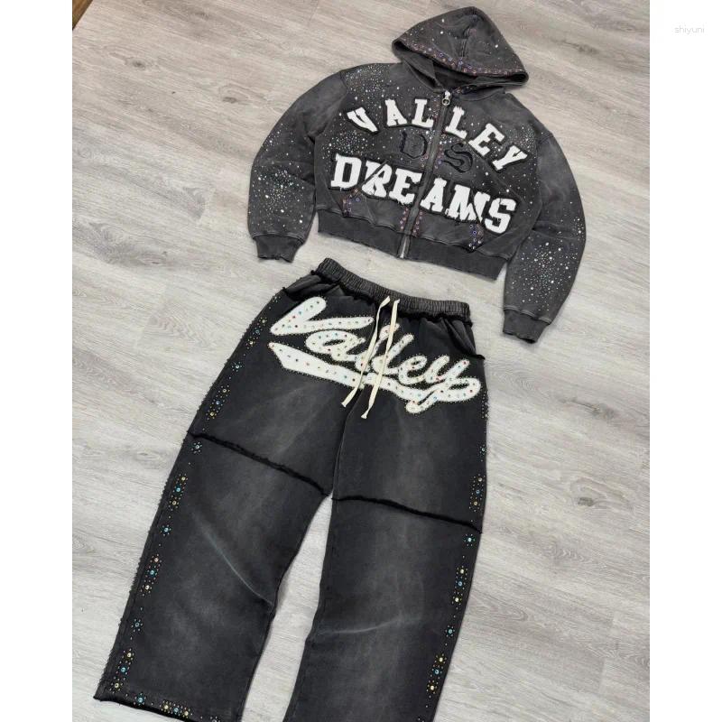 Women's Pants Vintage Washed Valley Dreams Tracksuit - Embroidered Zip-Up Hoodie & Studded Shorts Set Y2K Streetwear Two-Piece Distressed Bl Z260