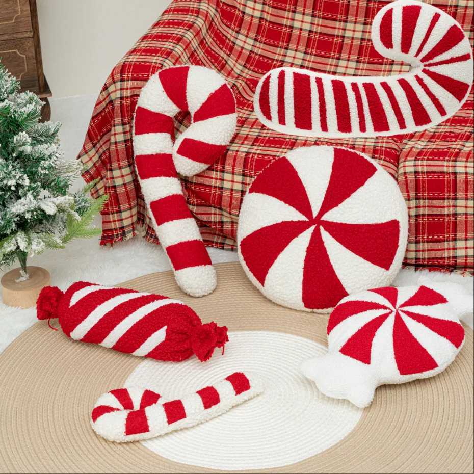 Christmas Cane Shaped Candy Creative Holiday Plush Cushion Doll Red and White Cane Sofa Backrest Atmosphere Decoration C251121