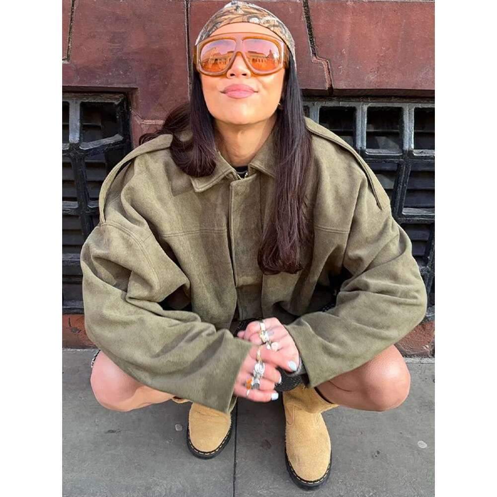 Designer Clothing Clothing Brown Green Suede Jacket Women Lapel Zipper Long Sleeve Pockets Bomber Coat 2025 Spring Autumn Lady Loose Motorcycle Outwea