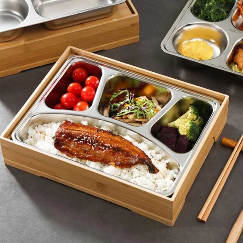 Restaurant Stainless Steel Compartment Lunch Box Bamboo Bento Box Anti-fall Household Japanese Lunch Tray WorkerM251121