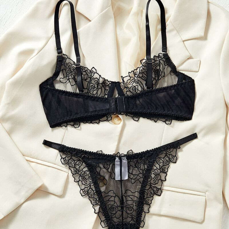 Lace Sexy Lingerie Hot Selling Sexy Mesh Floral Embroidery Push Up Temptation Sheer Lingerie Set For Women