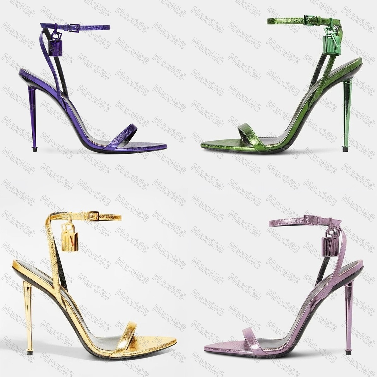 luxury designers dress shoes padlock embellished sandals metallic leather ankle-strap stiletto heels evening pointed shoes women's heeled shoes