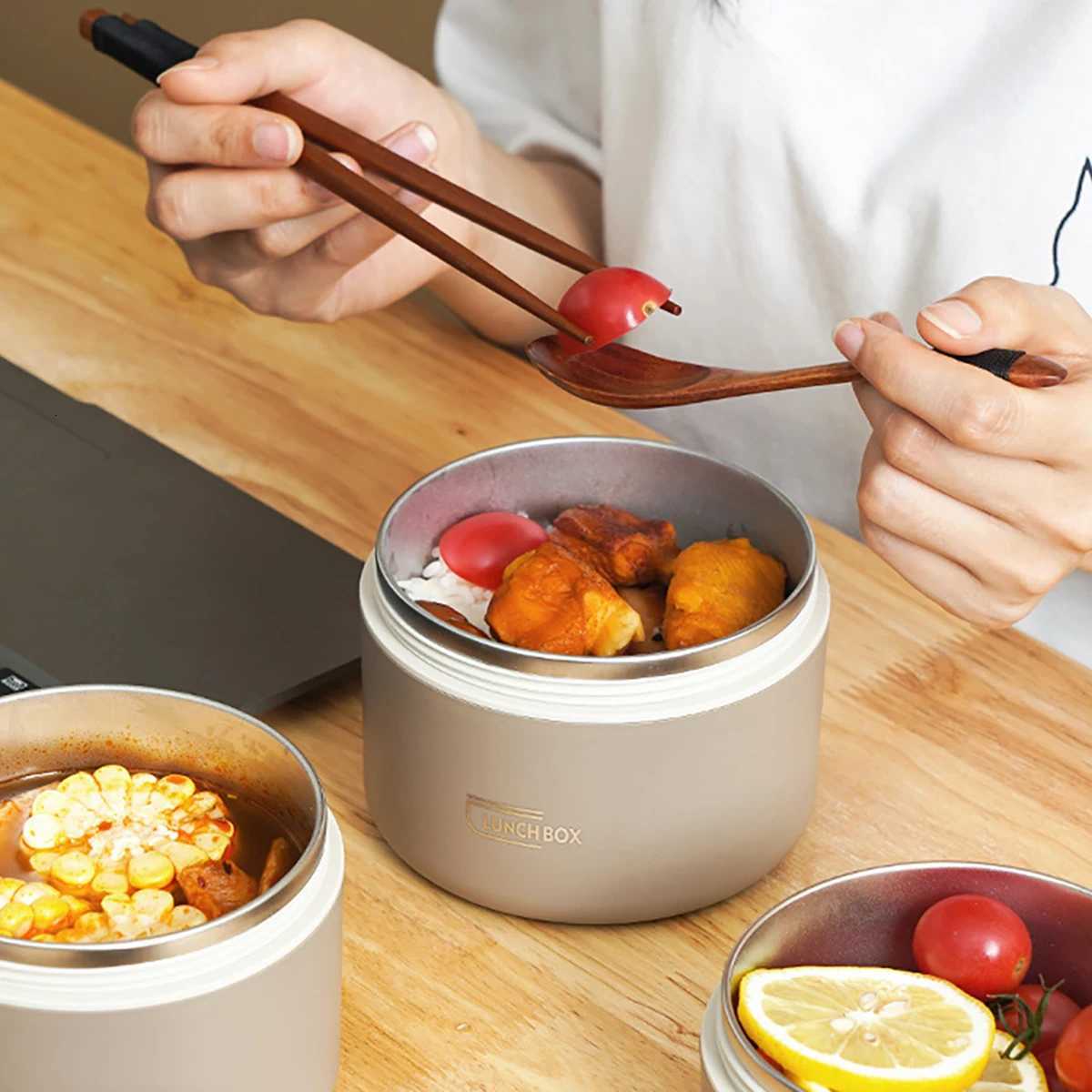 304 Stainless Steel Insulated Lunch Box with Storage Bag Portable Double-layer Covered Lunch Box Office Student Sealed Lunch BoxM251121